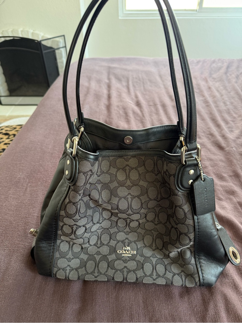 Coach Gray and Black Signature Canvas Shoulder Bag